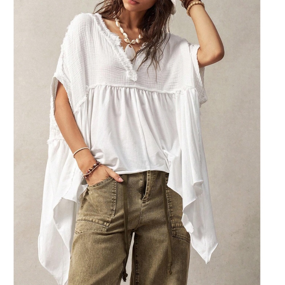 Solid Notched neck High Low Asymmetrical hem oversized Top - Picture 8 of 12